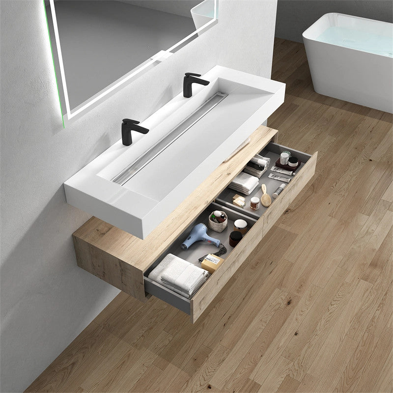 Alysa 60'' Floating Vanity, Acrylic Sink, Double Faucet Hole, Light White Oak
