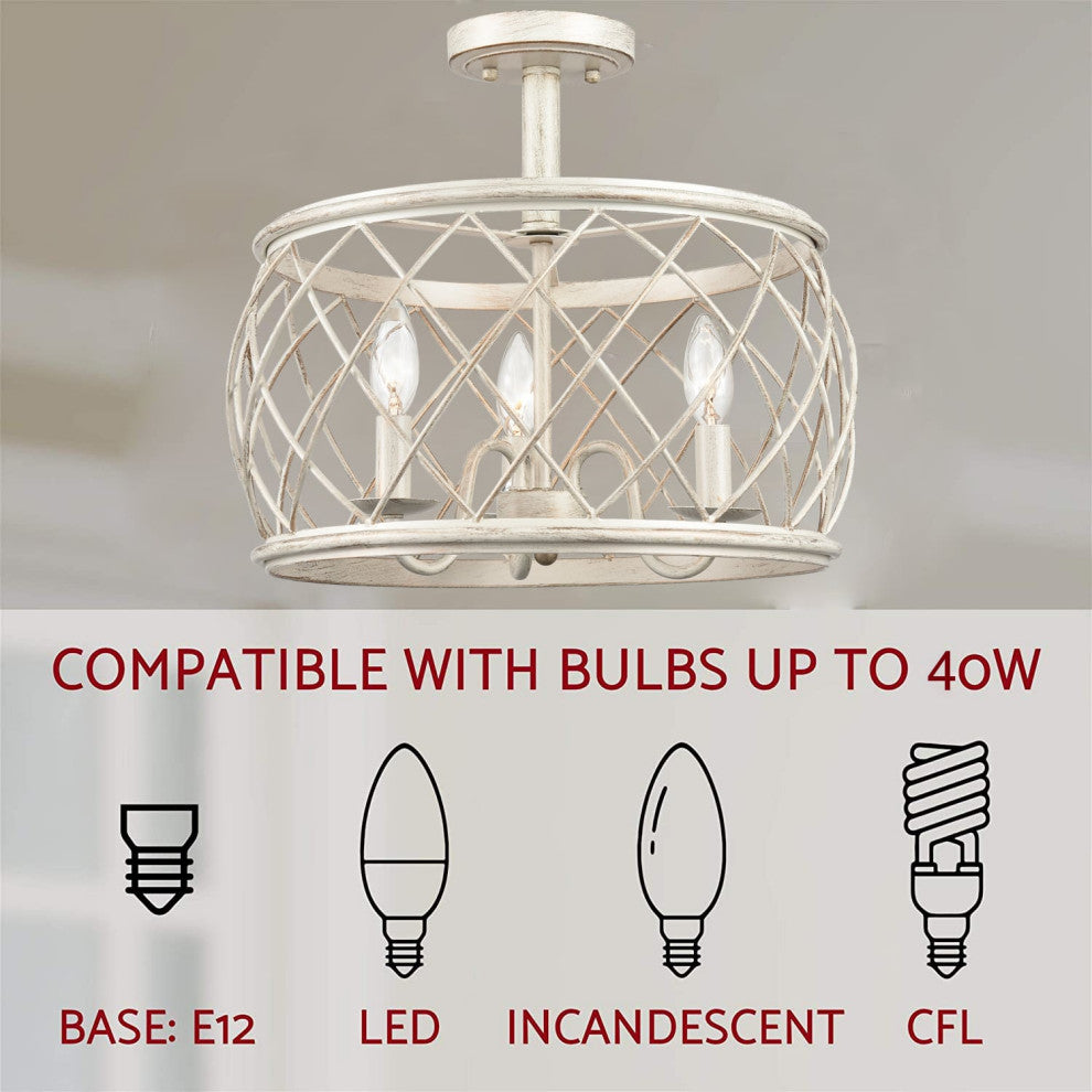 Farmhouse 3-Light Drum Semi Flush Mount Ceiling Light, Beige
