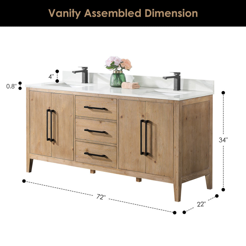 Laurel Bathroom Vanity with Calacatta White Quartz Stone Countertop, Weathered Fir, 72", Without Mirror