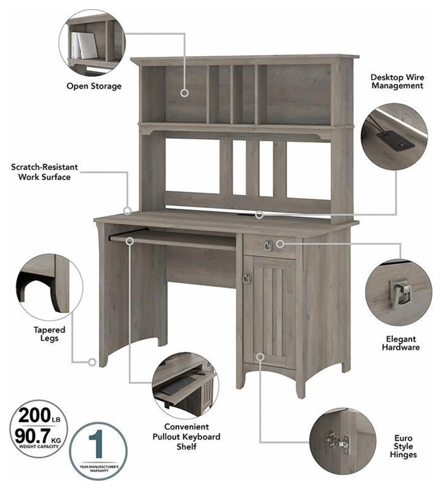 Salinas Small Computer Desk with Hutch in Driftwood Gray - Engineered Wood