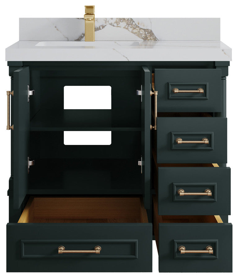 Aberdeen 36 Left Offset Bath Vanity in Dark Forest Green 2" Calacatta Gold
