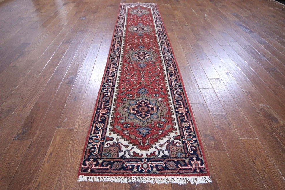 Oriental Heriz Serapi Red and Navy Blue Floral Hand-Knotted Wool Rug, 3'x12'
