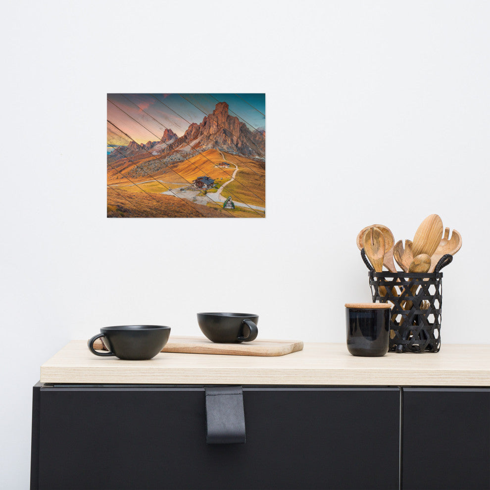 Faux Wood Majestic Sunset & Alpine Mountain Landscape Photo Wall Art Print, 11" X 14"