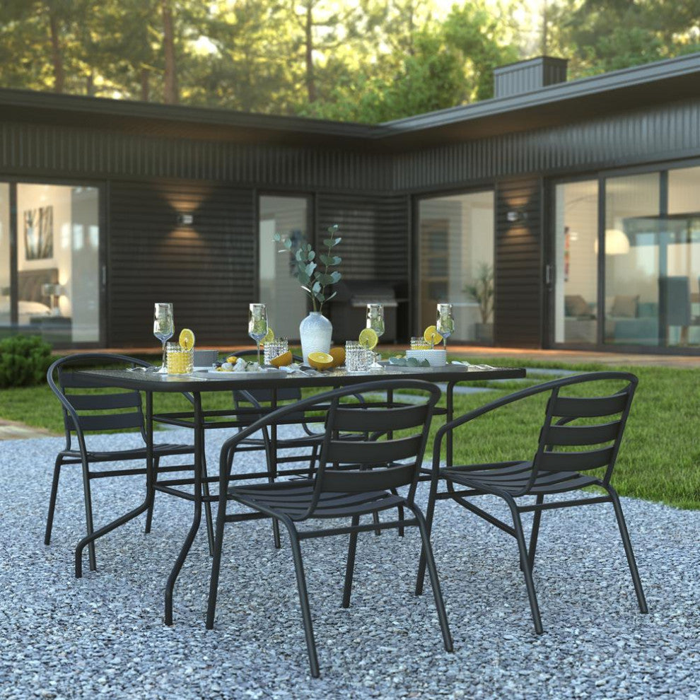 Lila 5 Piece Patio Dining Set 55" Tempered Glass Table 4 Black Stack Chairs