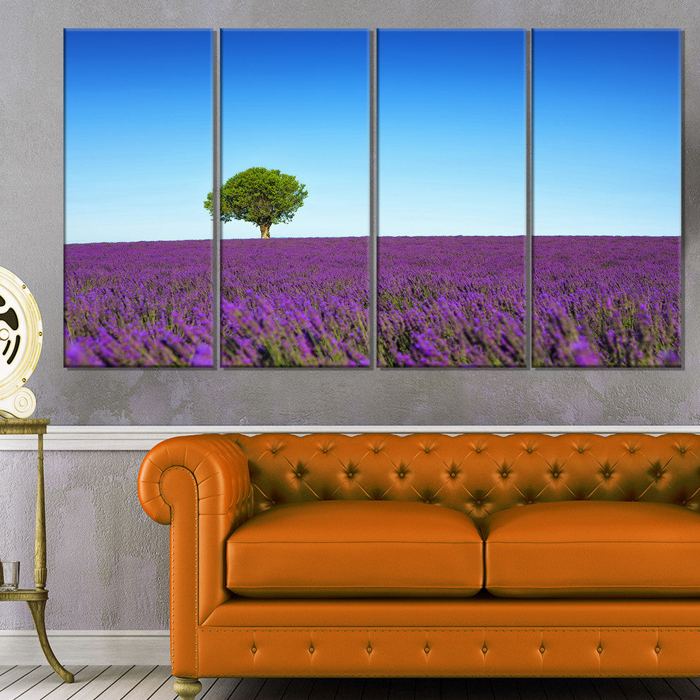 "Green Tree Among Lavender Flowers" Landscape Wall Art Print, 4 Panels, 48"x28"