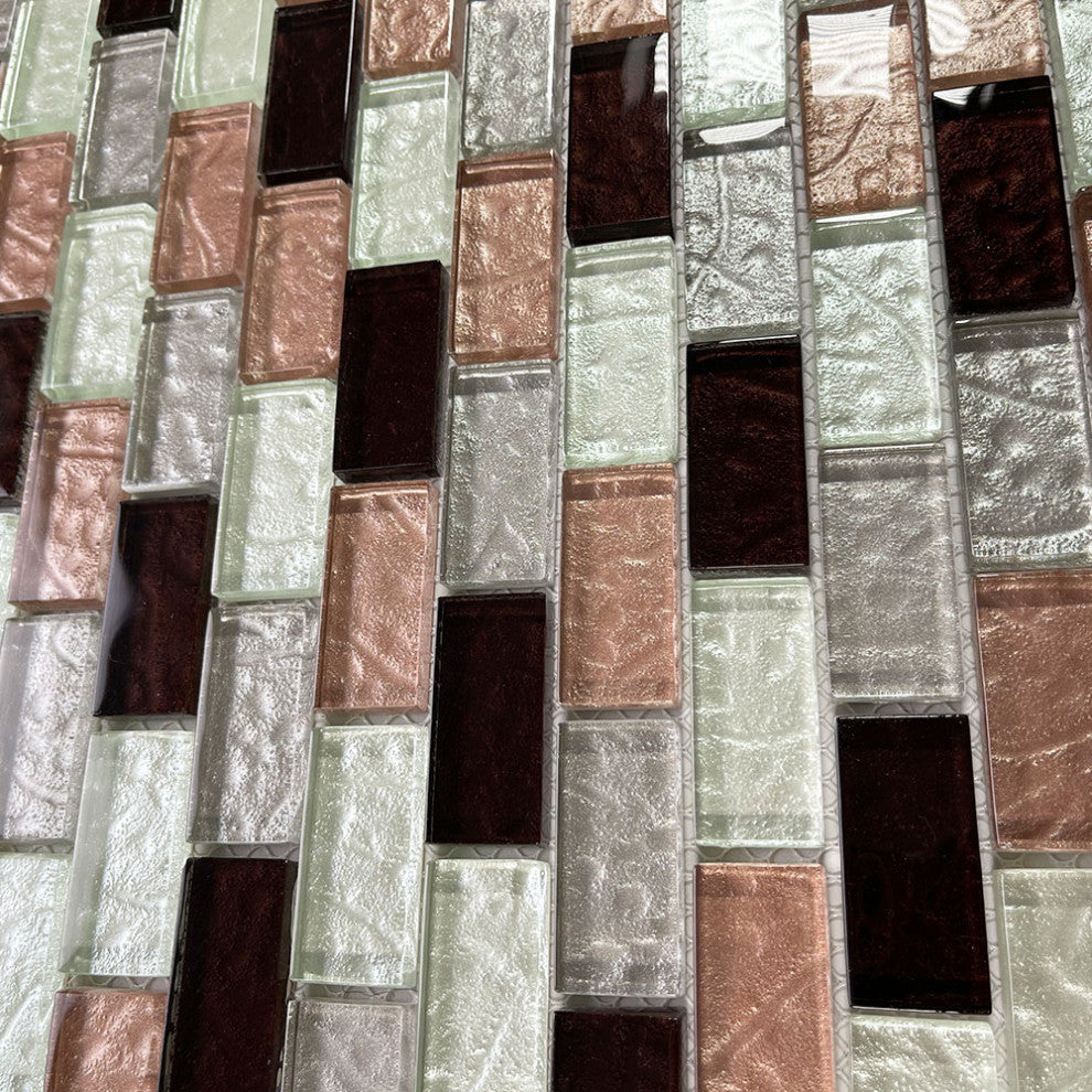 Glass Mosaic Tile Deep Red Pink White Light Grey Satin Glass Accent, 1 sheet