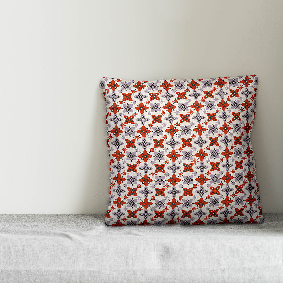 Folk Floral Pattern, Red and Purple Throw Pillow, 20"x20"