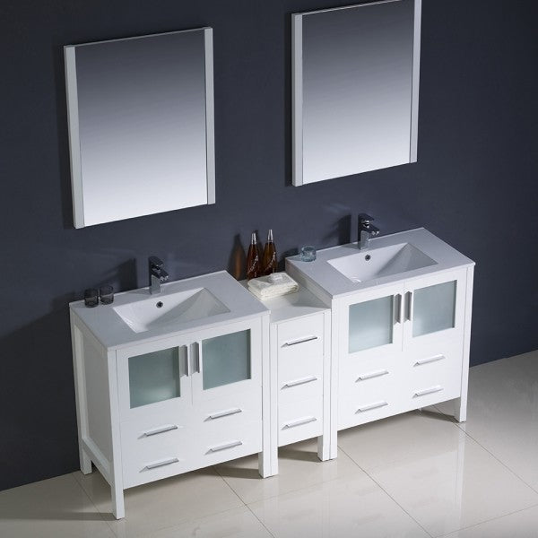 Torino 72" White Double Sink Bathroom Vanity, Side Cabinet, Integrated Sinks