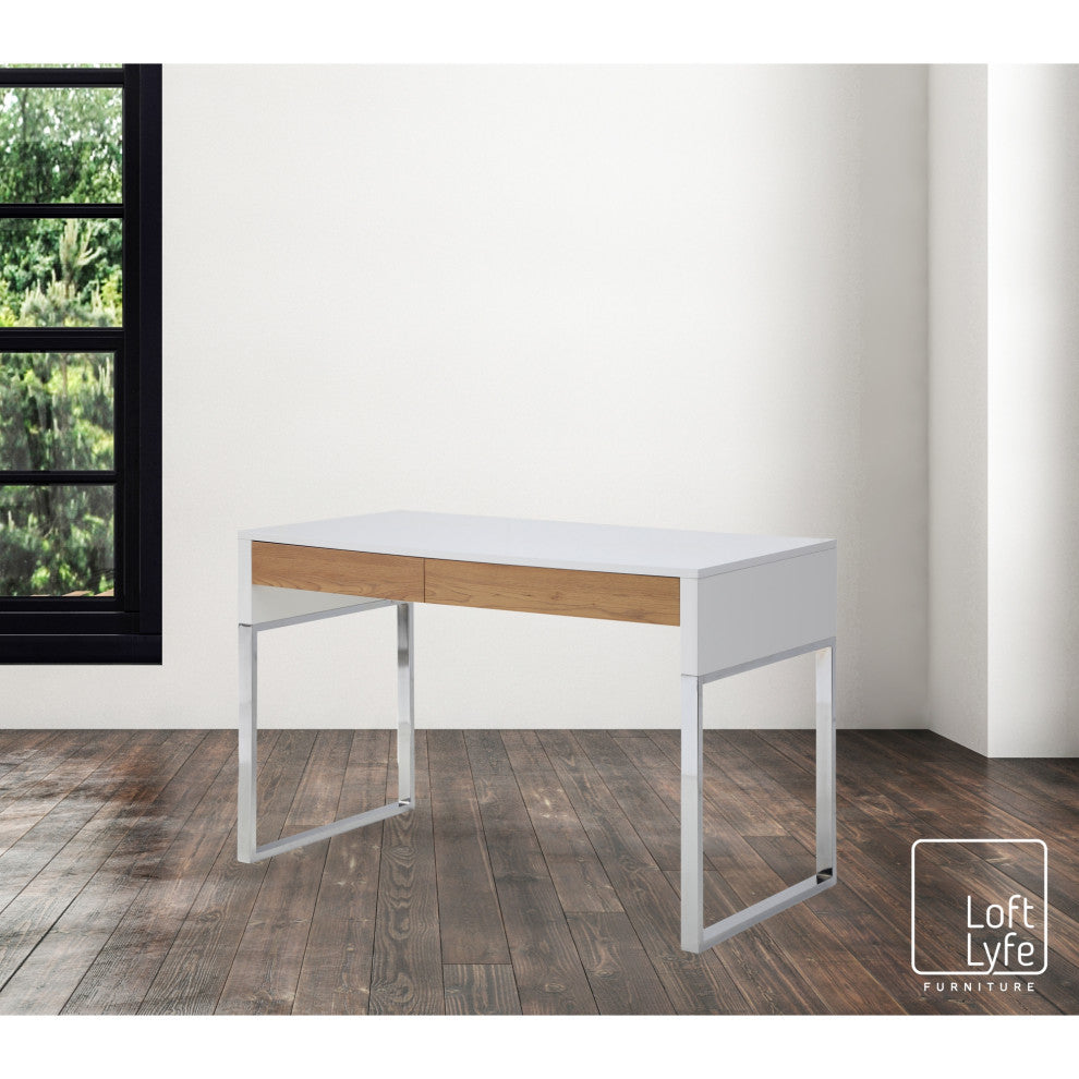 Loft Lyfe Anisa Desk, 2 Storage Drawers, White/Silver