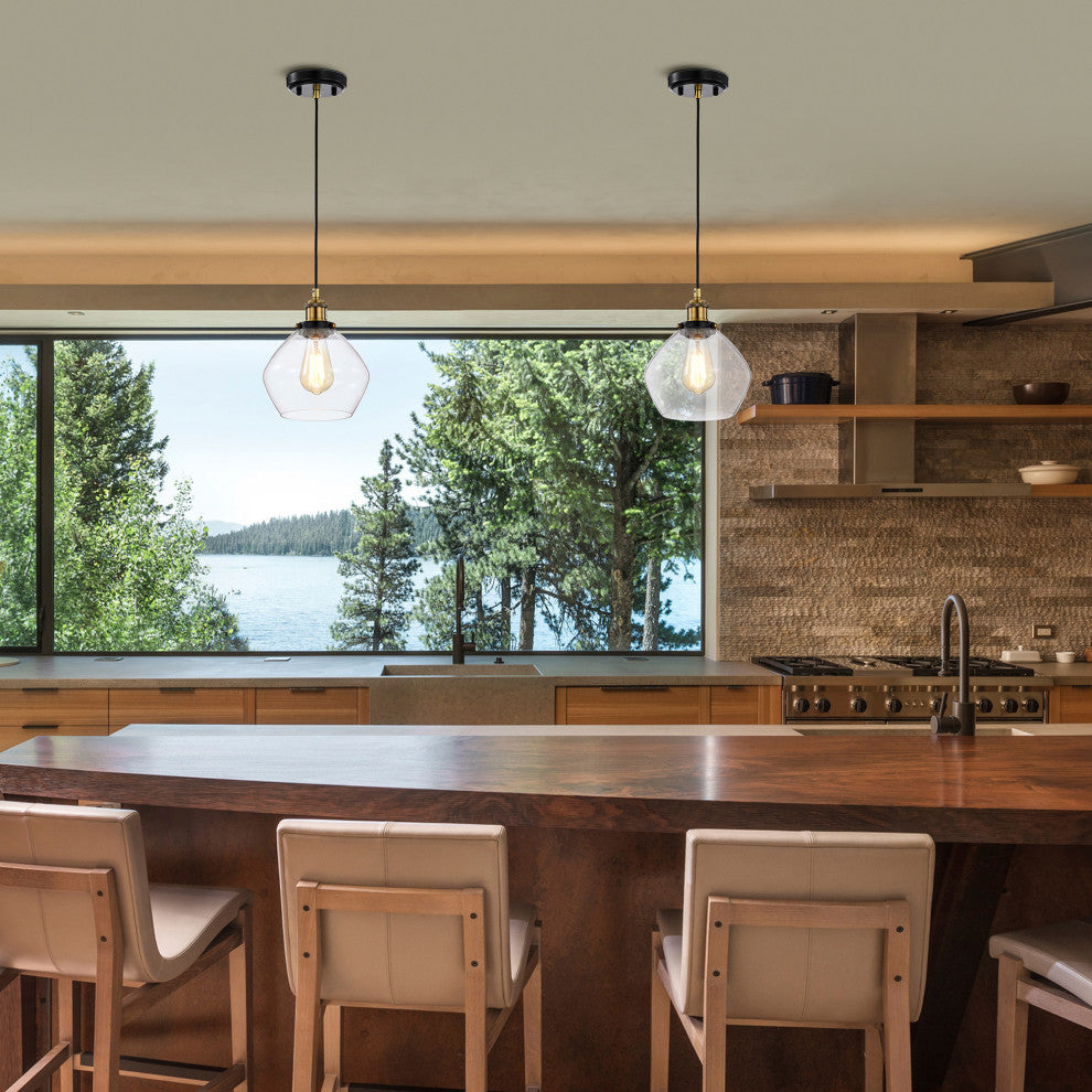 1-Light Black and Antique Brass Mini Pendant Light With Clear Glass Shade