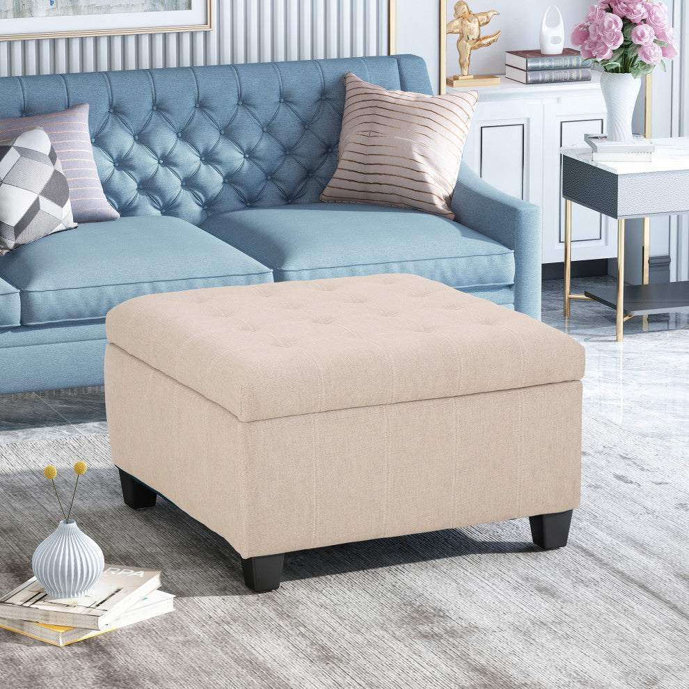 GDF Studio Lastoro Contemporary Tufted Storage Ottoman, Wheat and Dark Brown, Fabric