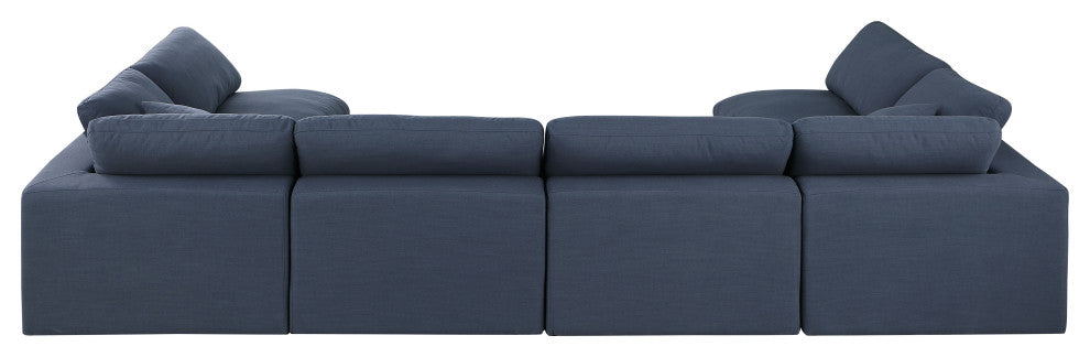 Comfy Upholstered U-Shaped Modular Sectional, Navy, 6-Piece: 4 Armless Chair, 2 Corner Chair, Linen Textured Fabric