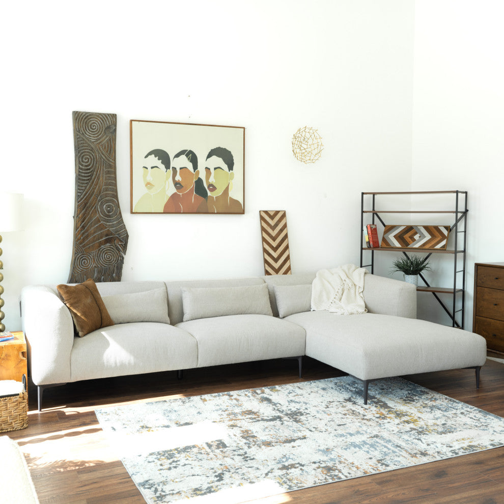 Savoy Mid-Century Modern L-Shaped Linen Fabric Right-Facing Sectional, Cream