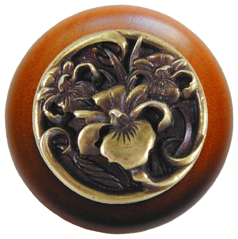 River Iris Wood Knob, Antique Brass, Cherry Wood Finish, Antique Brass