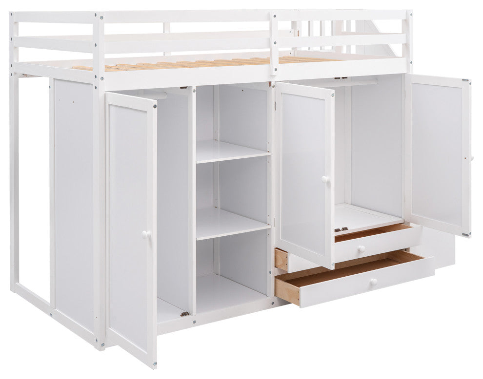 Gewnee Functional Loft Bed with 3 Shelves, 2 Wardrobes and 2 Drawers in White