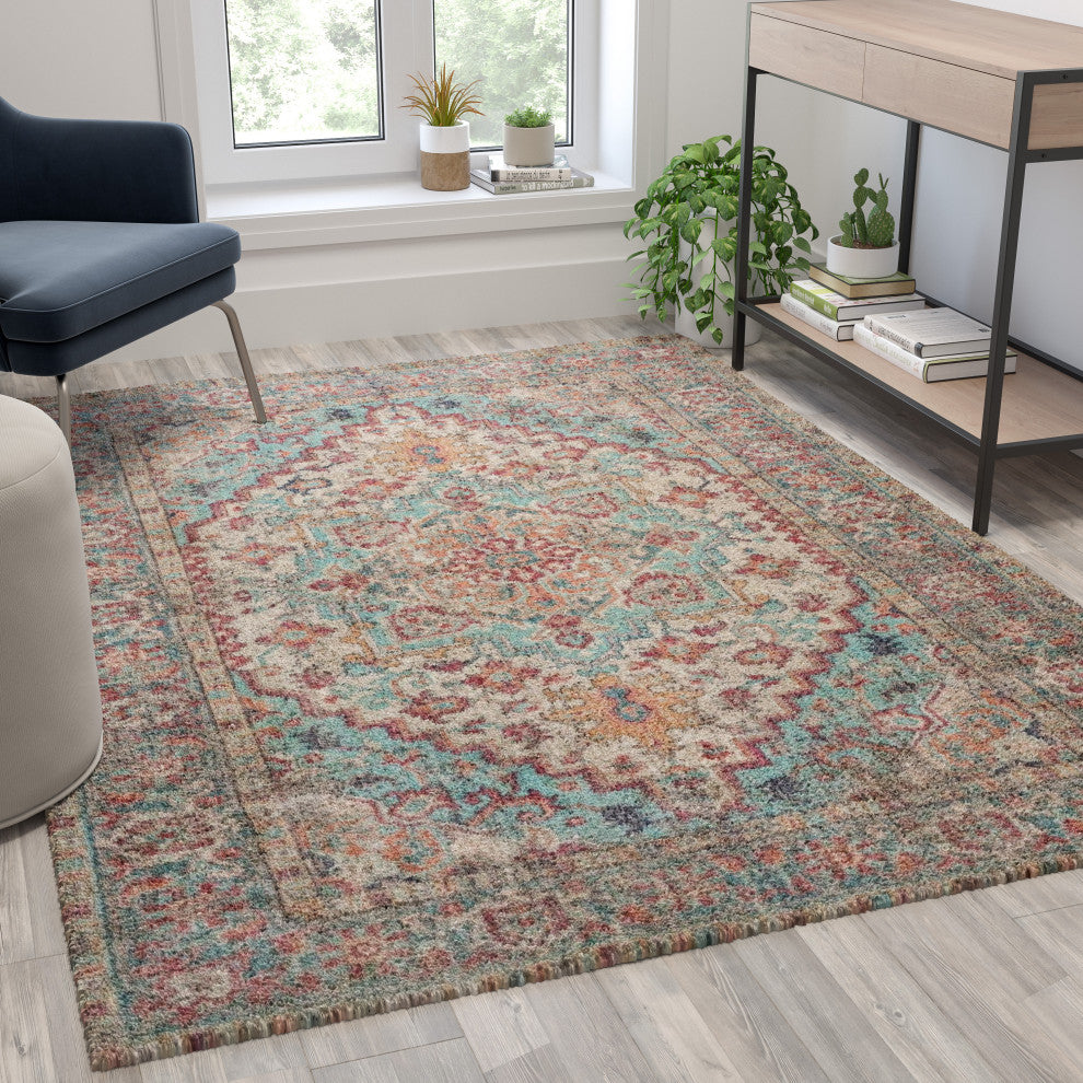 Olivia Collection Rectangle 5' x 7' Old Vintage Rugged Area Rug, Blue Multi