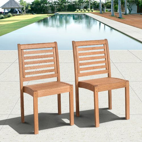 Set of 2 Patio Chair, Eucalyptus Wood Construction With Slatted Backrest, Brown