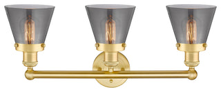 Edison Small Cone 3-Light 25" Vanity Light, Satin Gold With Plated Smoke Shade