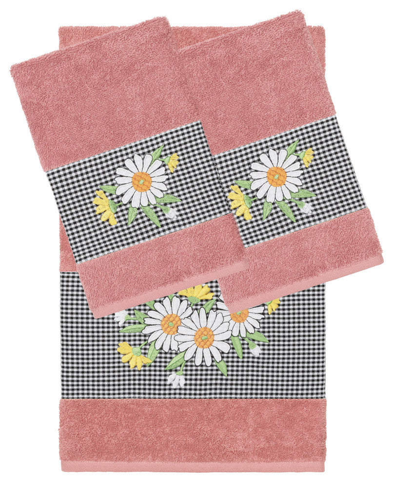 Linum Home Textiles Turkish Cotton Daisy 3-Piece Embellished Towel Set, Tea Rose