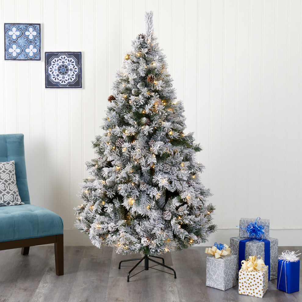 6' Flocked White River Mountain Pine Faux Xmas Tree W/Pinecones & Clear Lights