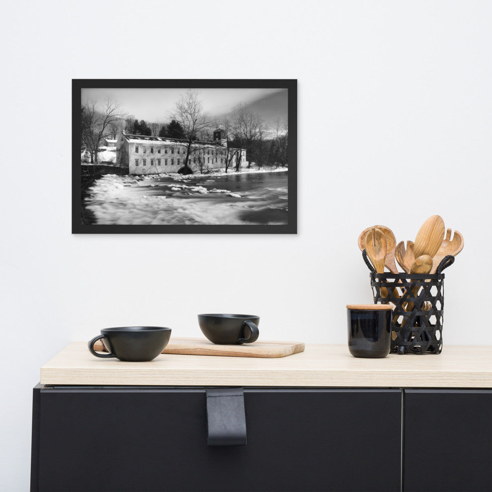 Winter at Powder Mill Rural Landscape Framed Photo Paper Wall Art Prints, Black, 12" X 18"