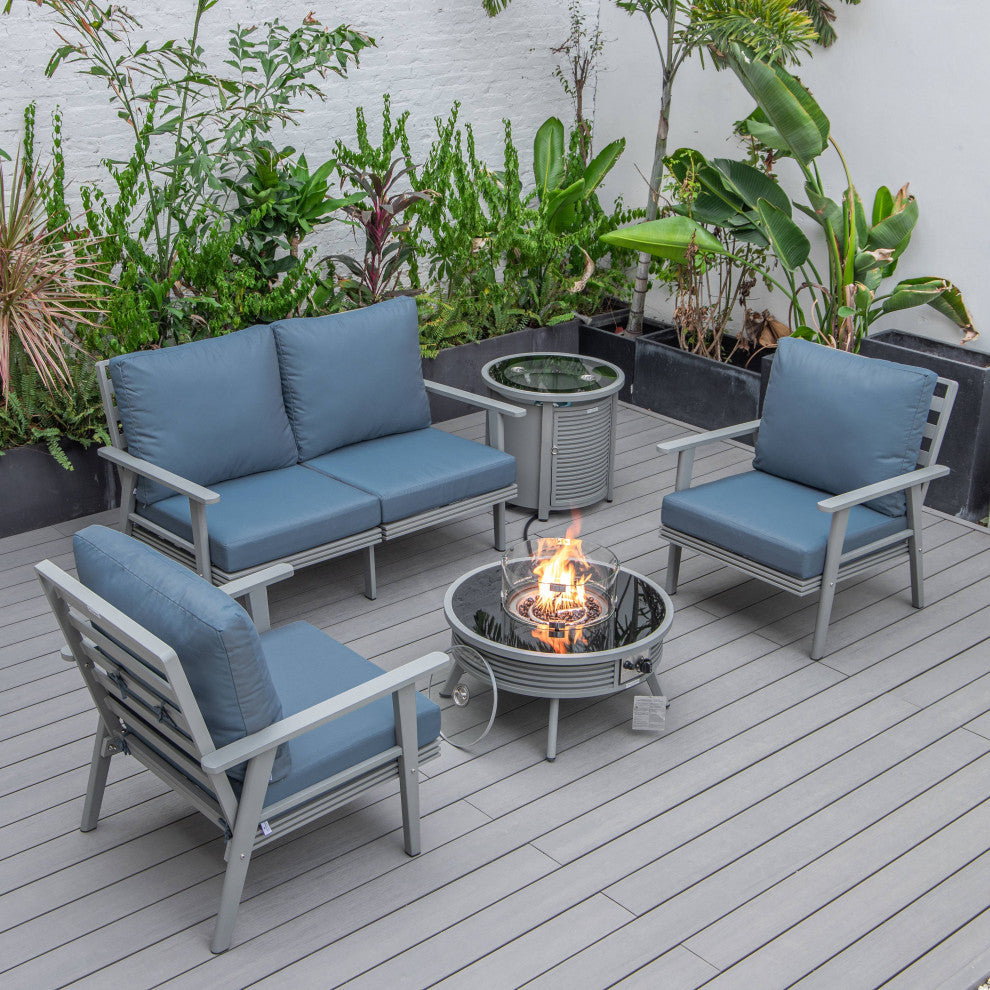 LeisureMod Walbrooke Patio Sofa Set With Round Fire Pit Table, Navy Blue