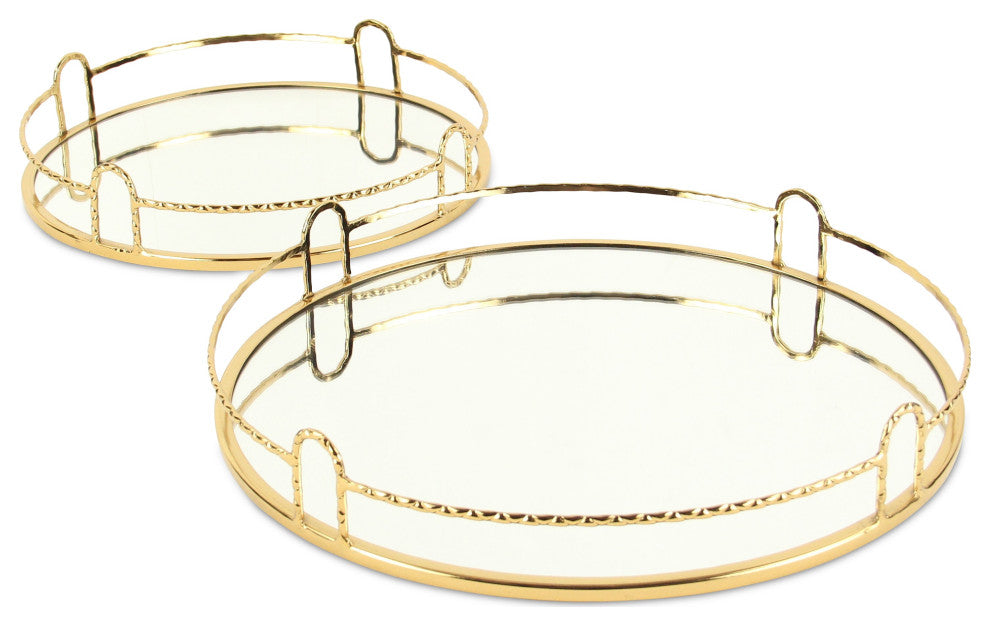 Mianzi Round Quilted Rim Gold Metal Trays (Set of 2)