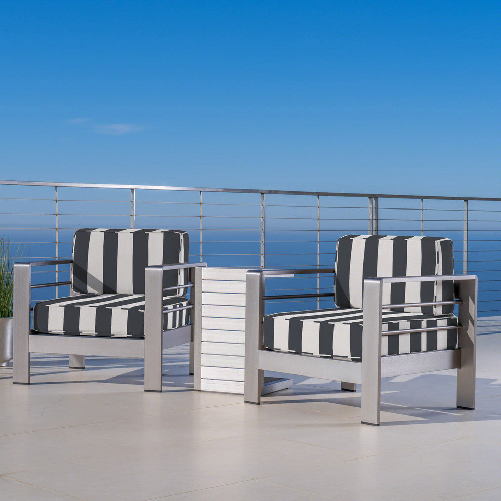 GDF Studio Core Outdoor Chat Set with Faux Wood C-Shaped Table, Silver Table
