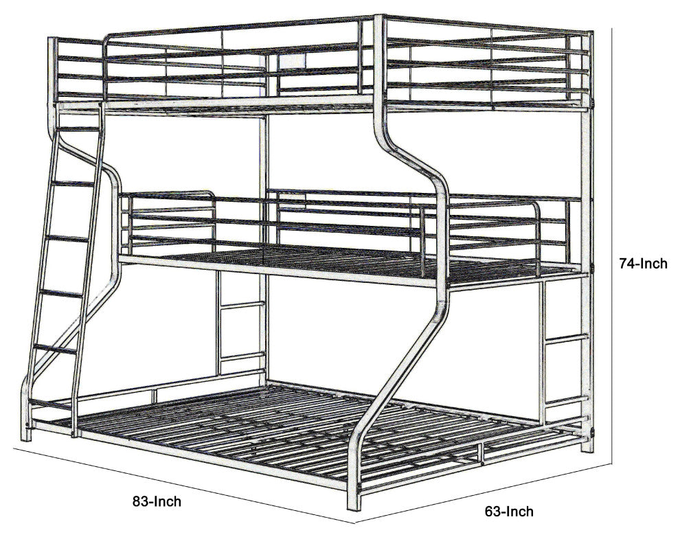 Benzara BM214895 3 Tier Bunk Bed With Curved Metal Frame and Guardrails, Silver