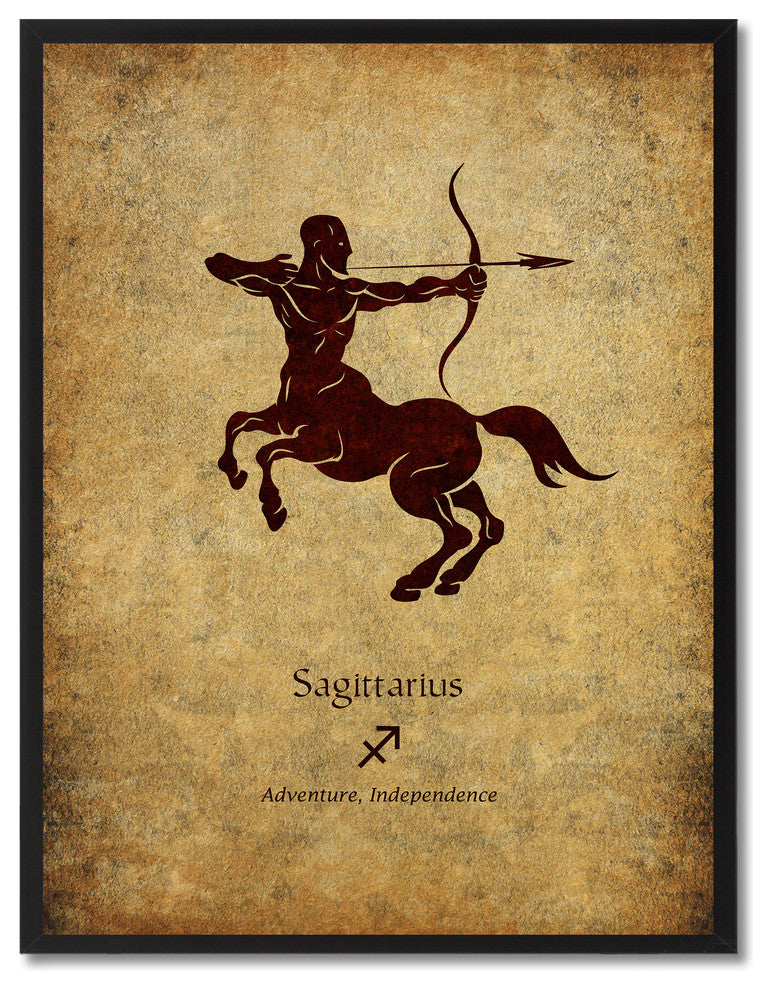 Sagittarius Horoscope Astrology Brown Print on Canvas Framed, 28"x37"