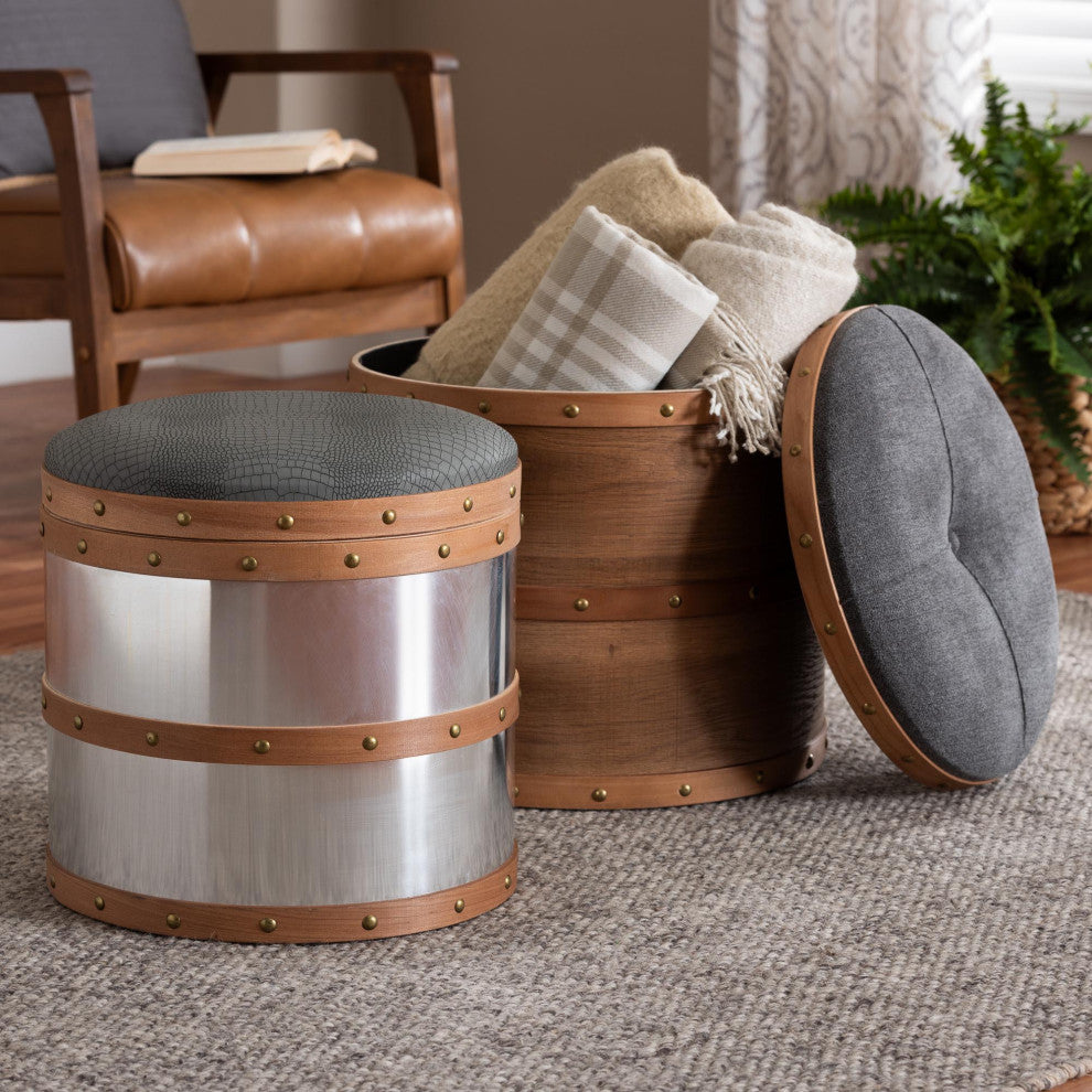 Grey Fabric and Blue Alligator Faux Leather Upholstered 2-Piece Storage Ottoman