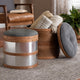 Grey Fabric and Blue Alligator Faux Leather Upholstered 2-Piece Storage Ottoman