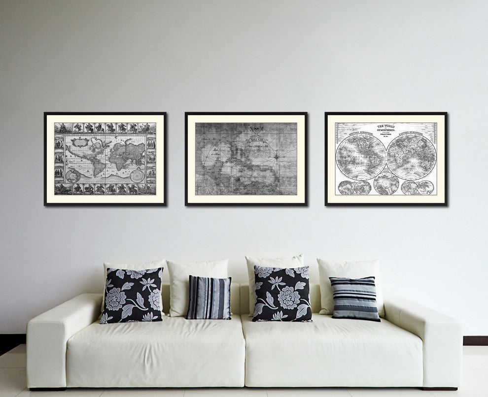 Caribbean Vintage Map Print On Canvas With Black Custom Frame, 16" X 21"
