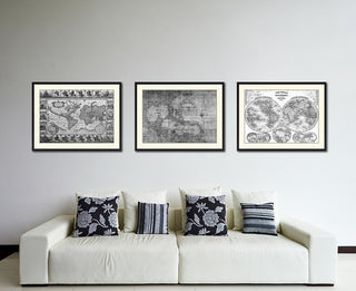 Caribbean Vintage Map Print On Canvas With Black Custom Frame, 16" X 21"