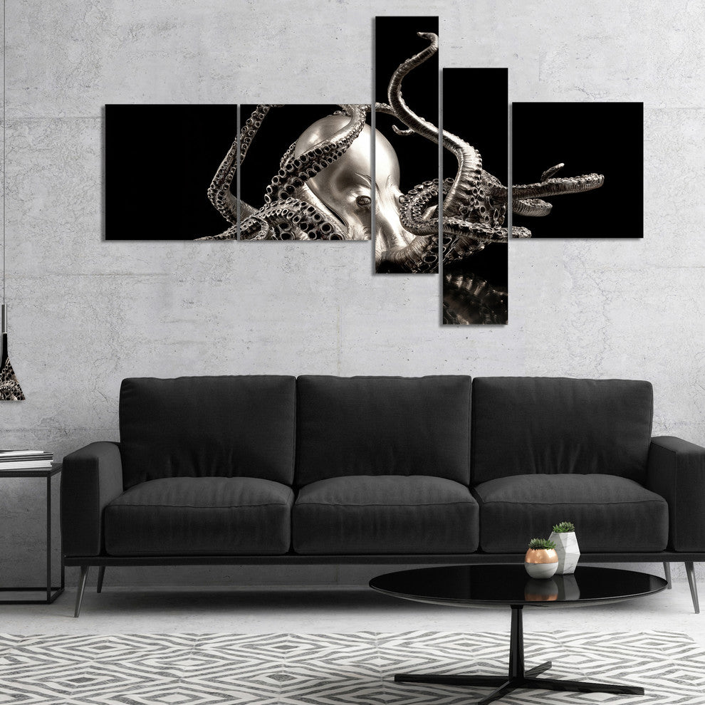 Silver Octopus, Abstract Canvas art print, 60"x32", 5 panels