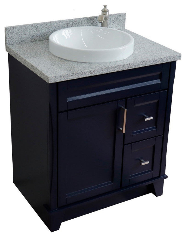 31" Single Sink Vanity, Blue Finish With Gray Granite With Round Sink