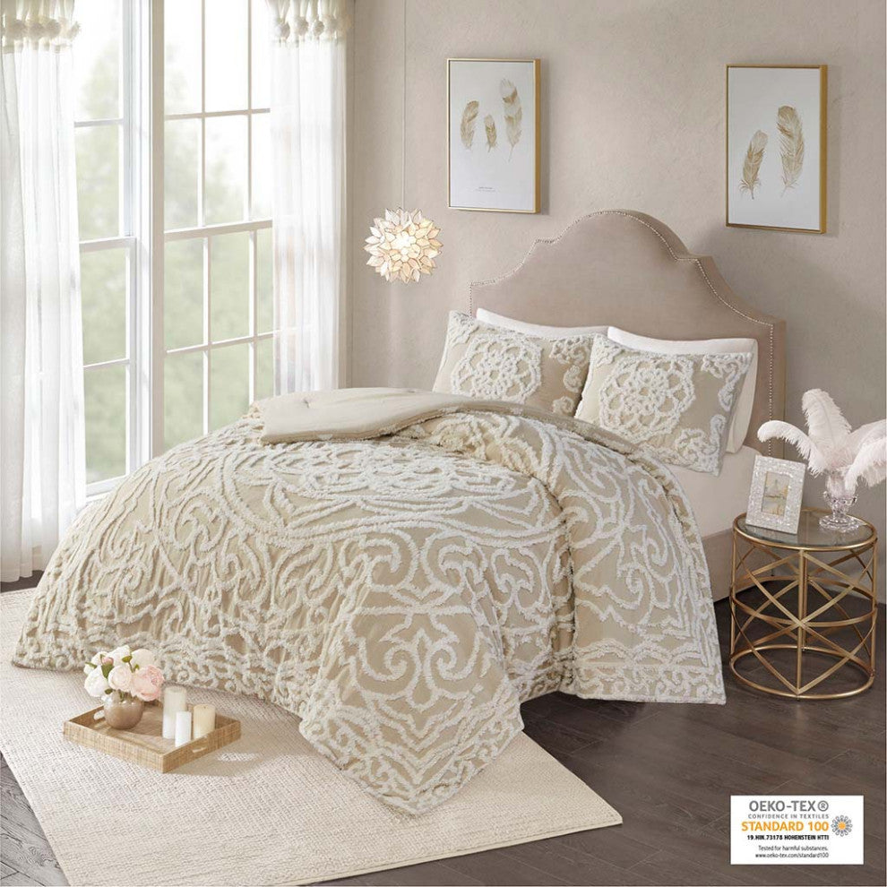Madison Park Laetitia Tufted Cotton Chenille Medallion Comforter Set, Taupe