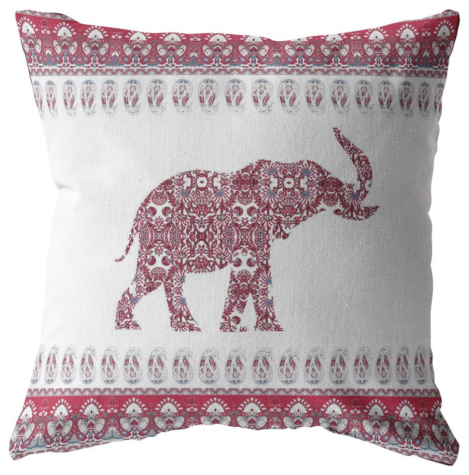 18" Red White Ornate Elephant Zippered Suede Throw Pillow