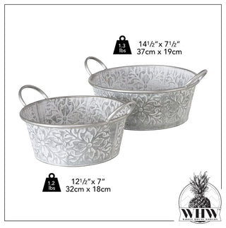2 Piece Embossed Grey Metal Planter Set