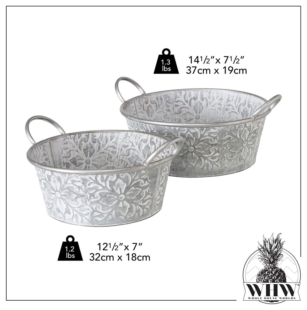 2 Piece Embossed Grey Metal Planter Set