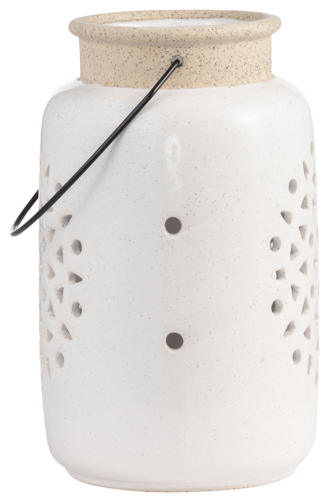 Ceramic 9"H Flower Cut Out Lantern, Ivory