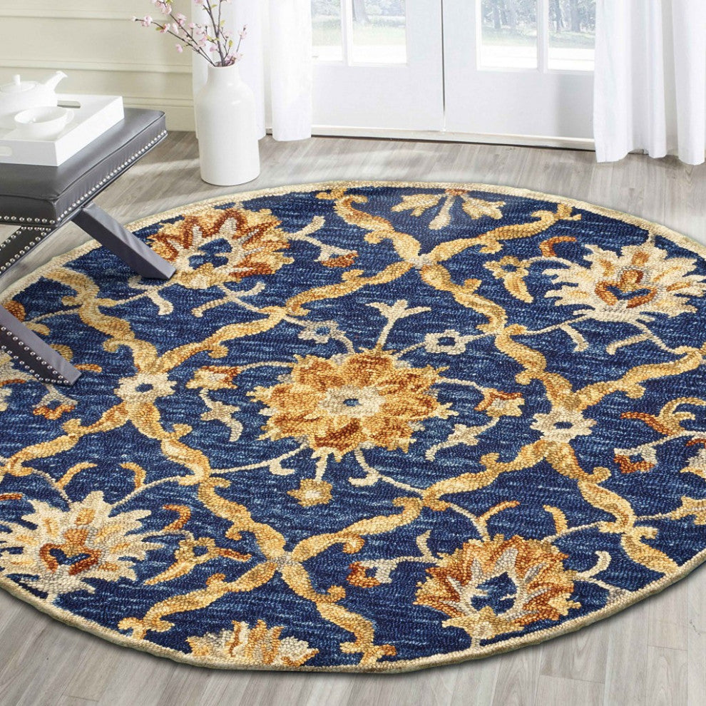 6" Round Navy and Gold Ornate Lattice Area Rug