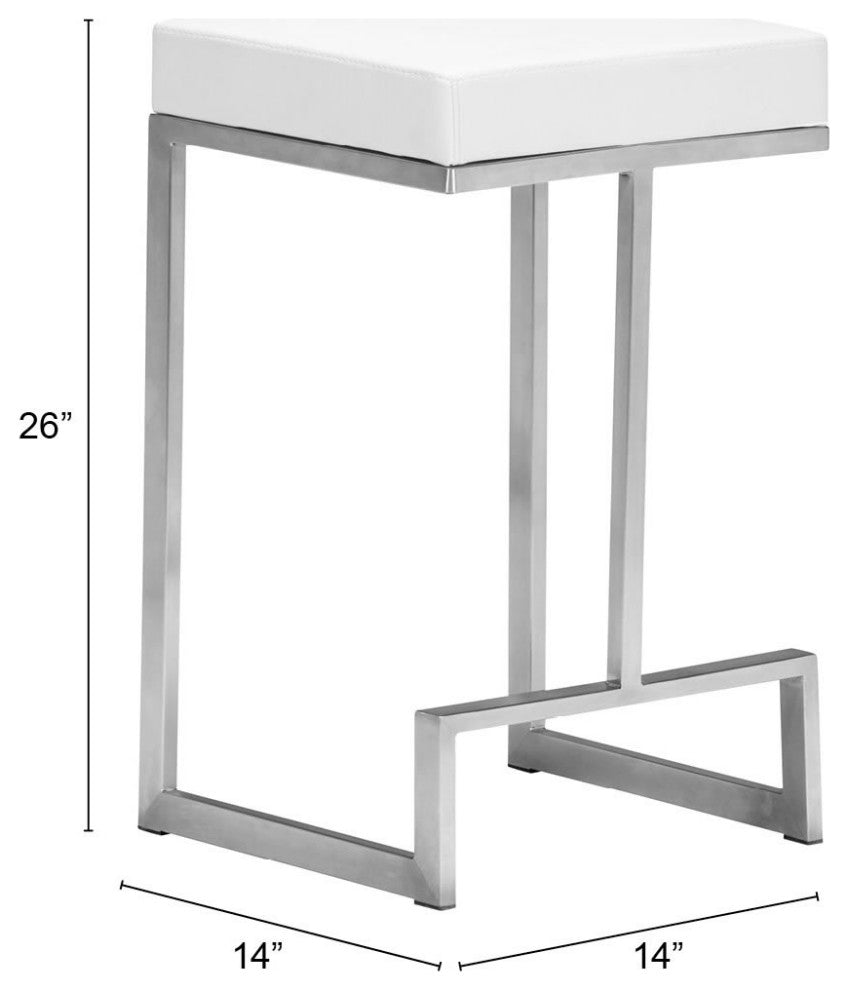 Counter Stool Chair, Set of 2, Faux Vinyl Leather, Steel, White, Silver, Cafe