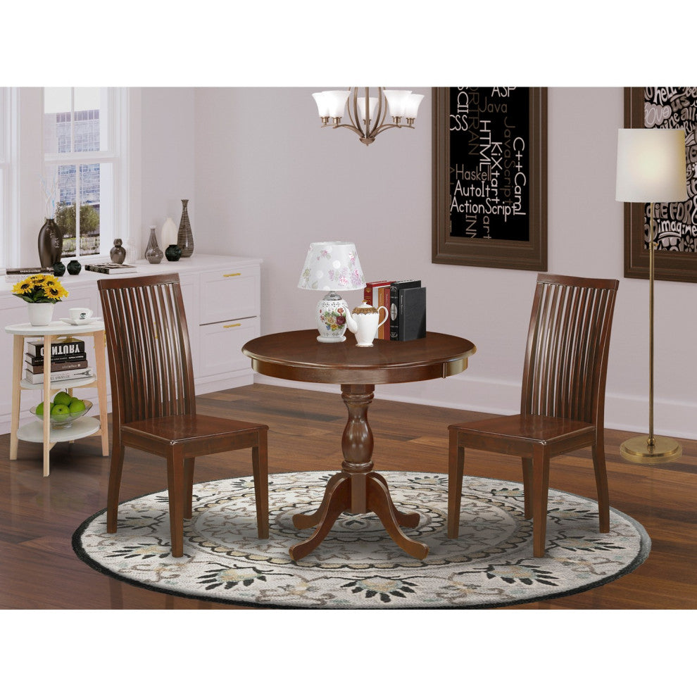 3 Pc Dining Set, 1 Round Pedestal Table, 2 Mahogany Chairs
