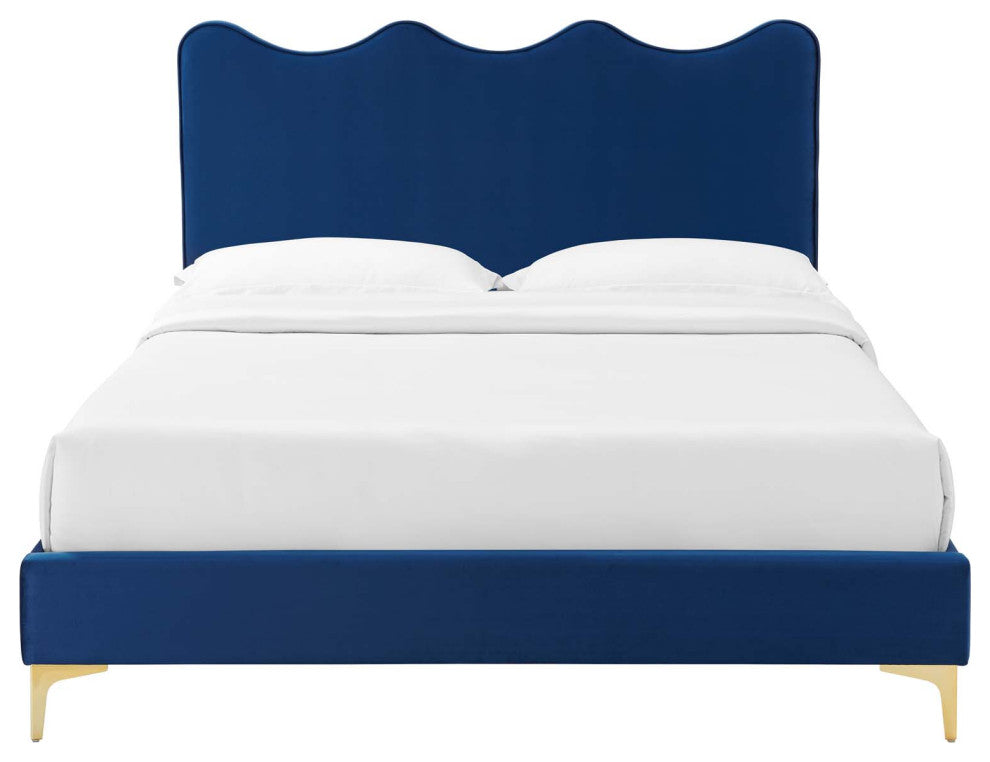 Platform Bed Frame, King Size, Blue Navy, Velvet, Modern, Bedroom Guest Suite