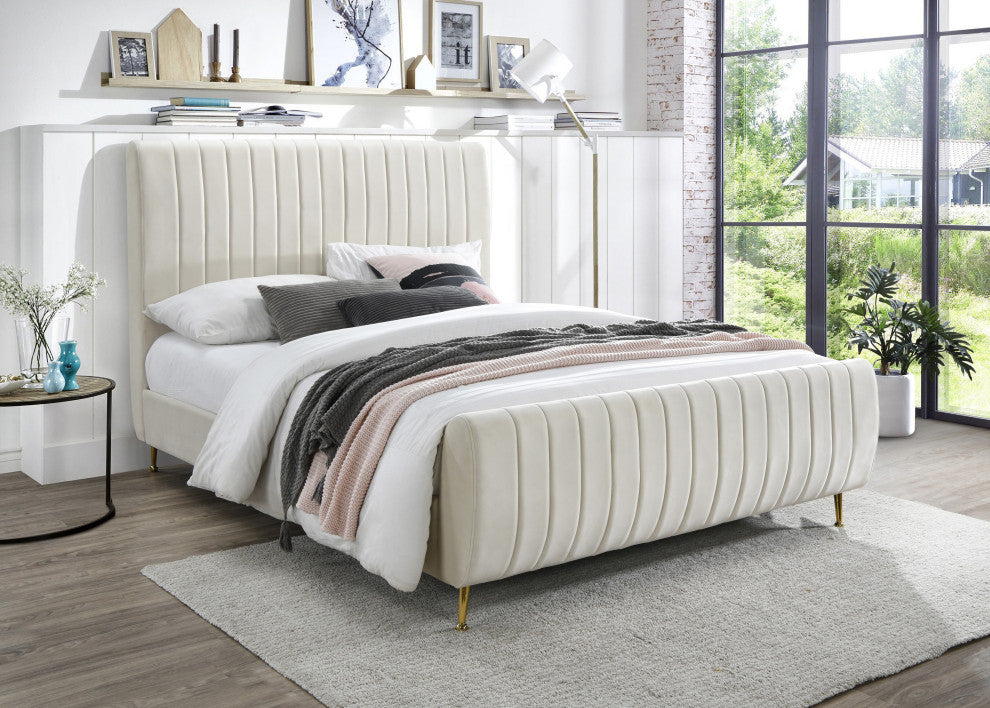 Zara Channel Tufted Velvet Upholstered Bed With Custom Gold Legs, Cream, Full