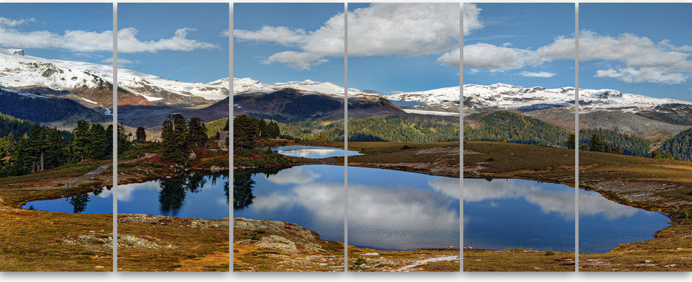 Lake with Pine Trees Reflecting Sky, Landscape Canvas Print, 70"x28", 6 Panels