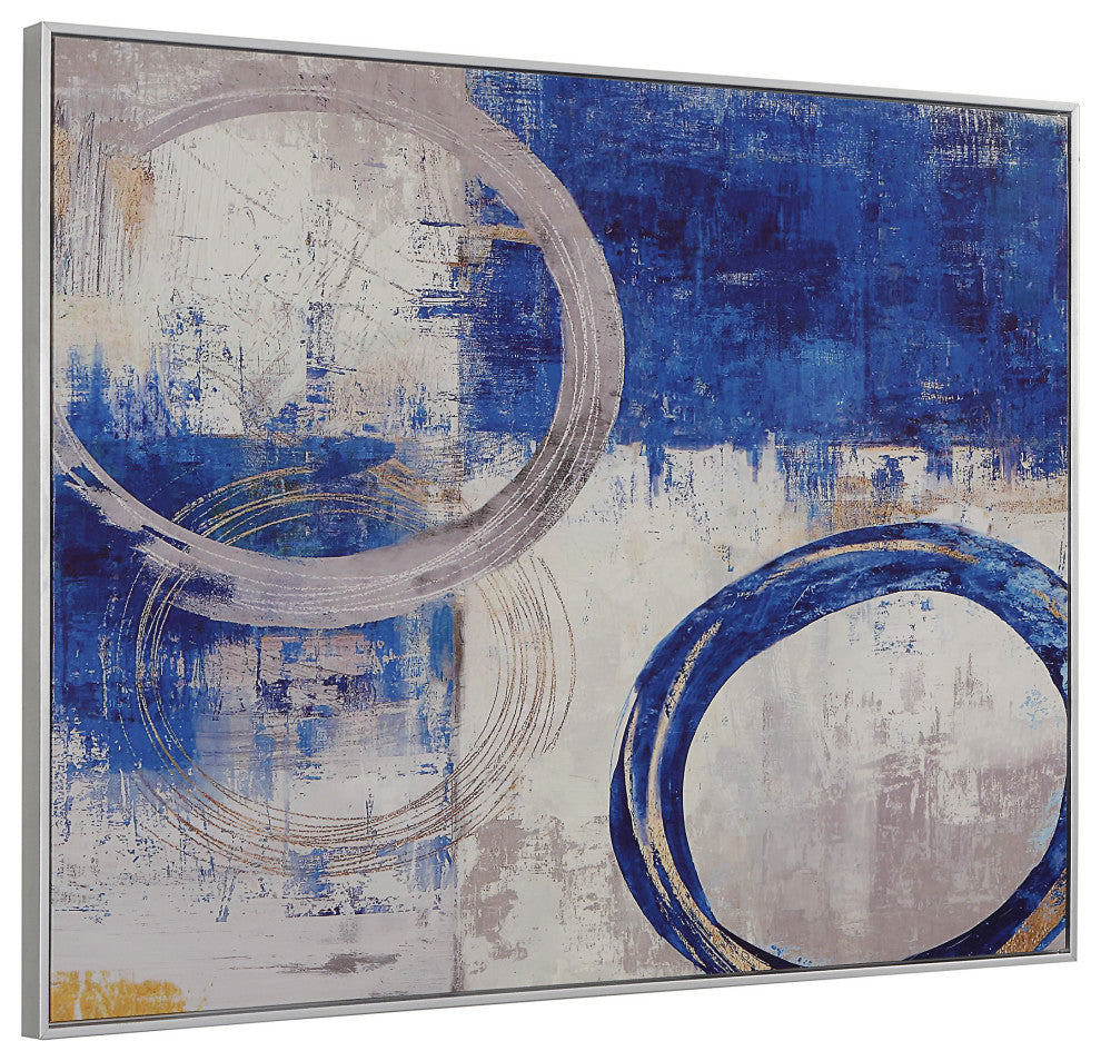 Circle Abstract Wall Art 30x39 With Silver Frame, Blue & Silver