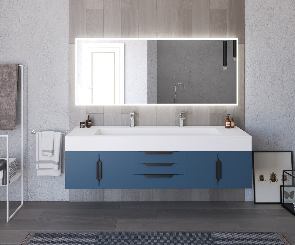 CastelloUSA Nile 72" Wall Mounted Bathroom Vanity Set, Blue, White Top, Black Handles