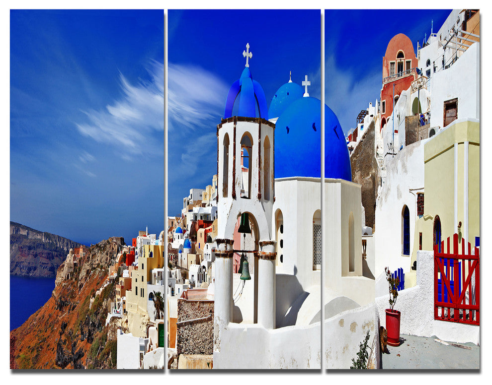 Oia Village Greece Panorama, Landscape Triptych Canvas Print, 36x28, 3 Panels